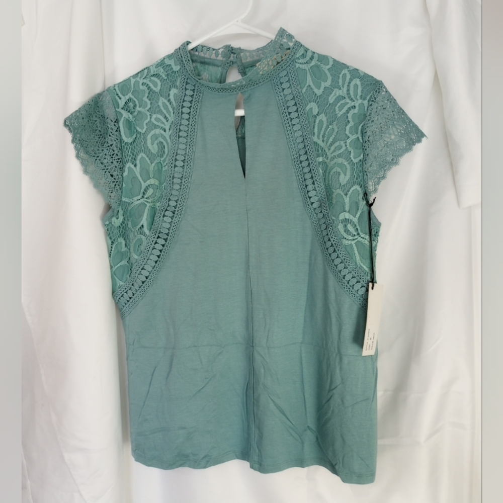 B My Story Women's Top in Sage Green Lacey Details High Neck